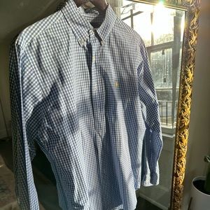 Ralph Lauren- Classic Fit- L, blue & white gingham with yellow horse.